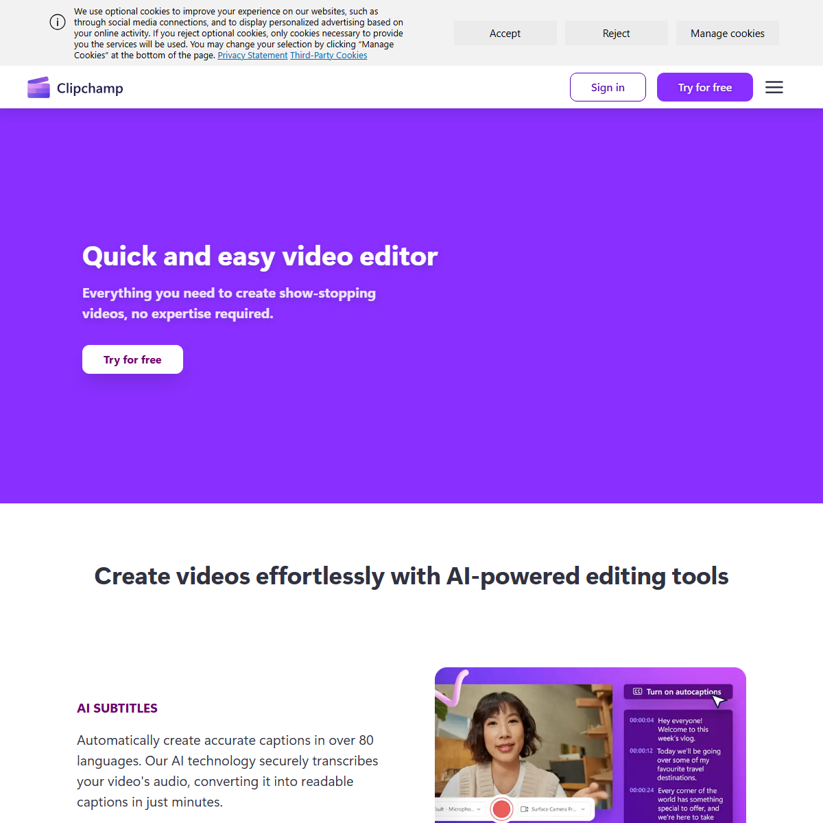 Clipchamp - video generators Tool Screenshot