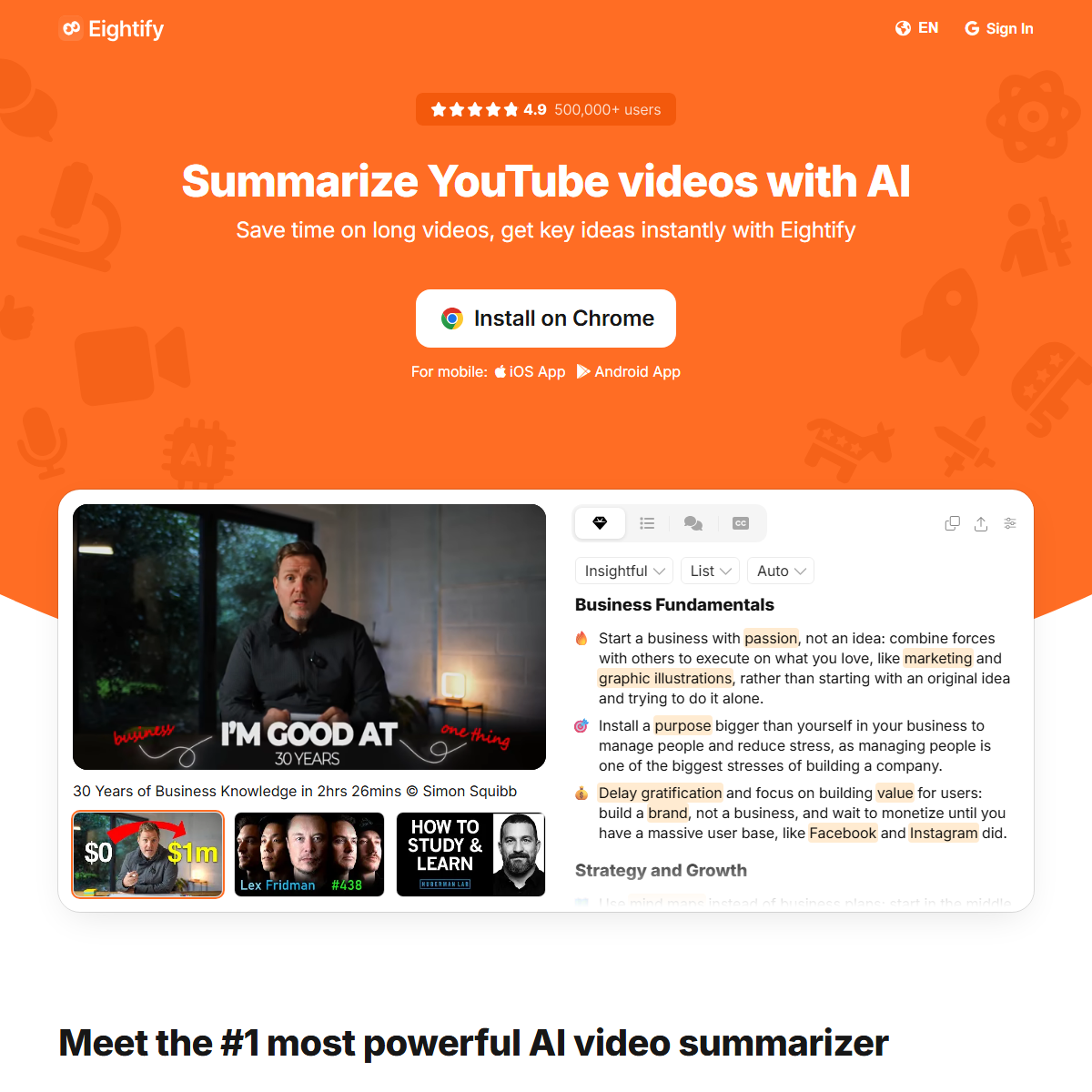 Eightify - summarizer Tool Screenshot
