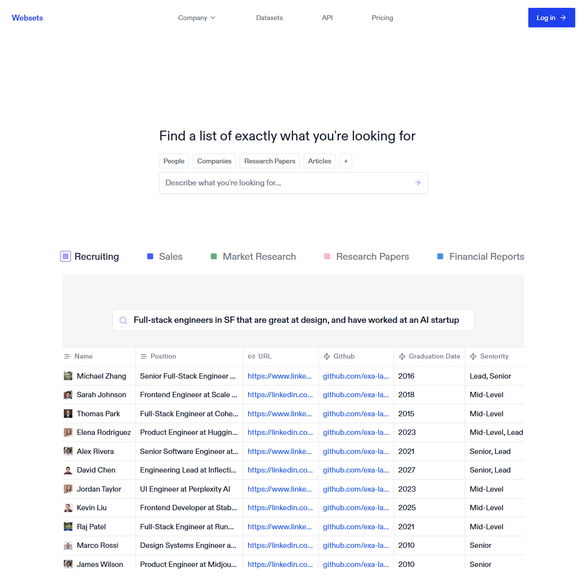 Exa Websets - research Tool Screenshot