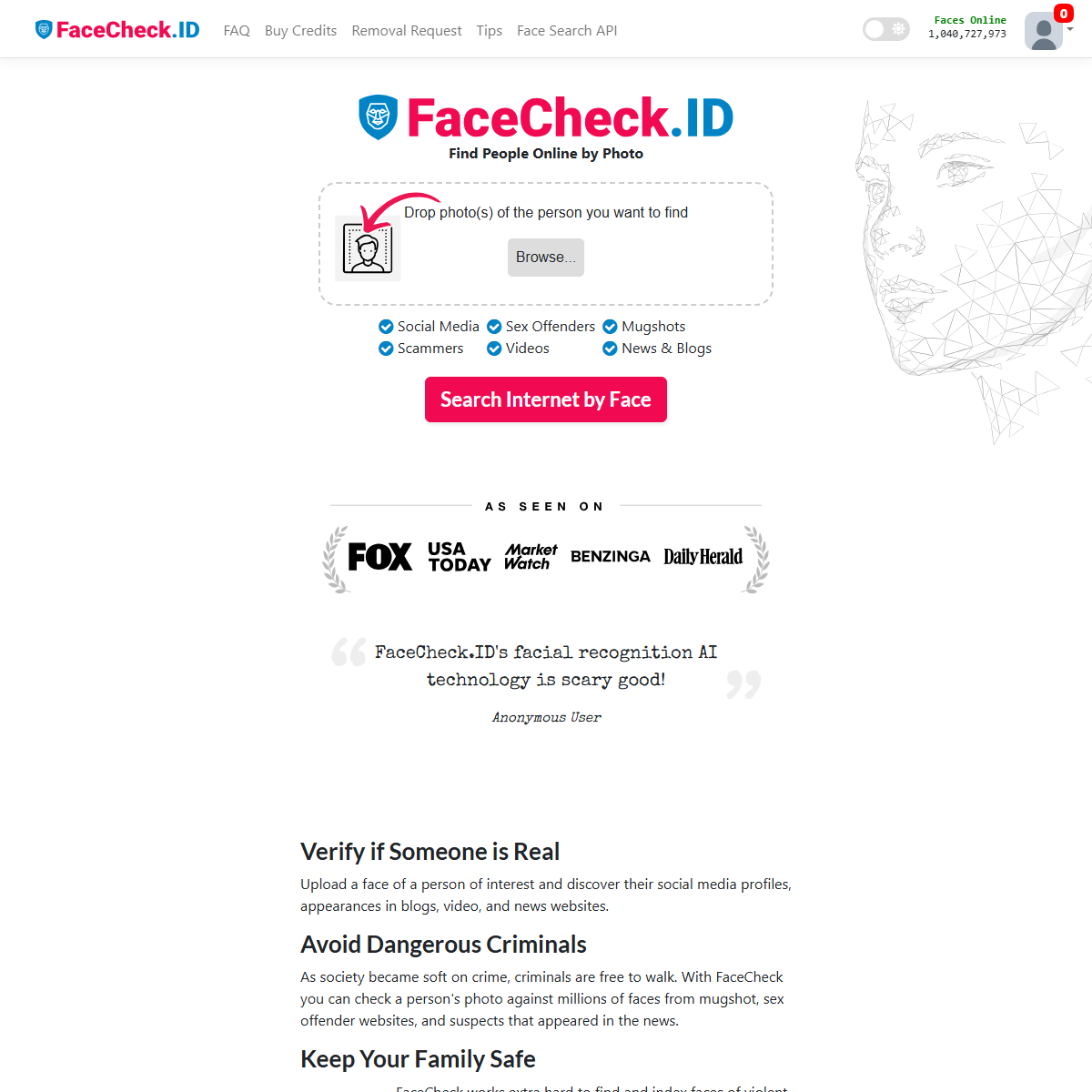 FaceCheck ID - search engine Tool Screenshot
