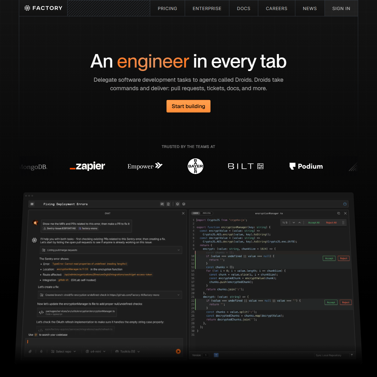 Factory - code assistant Tool Screenshot