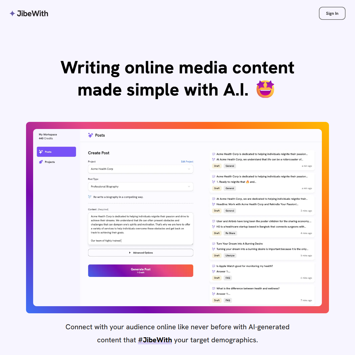 JibeWith - writing generators Tool Screenshot