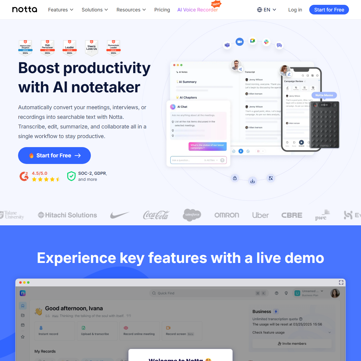 Notta - transcriber Tool Screenshot