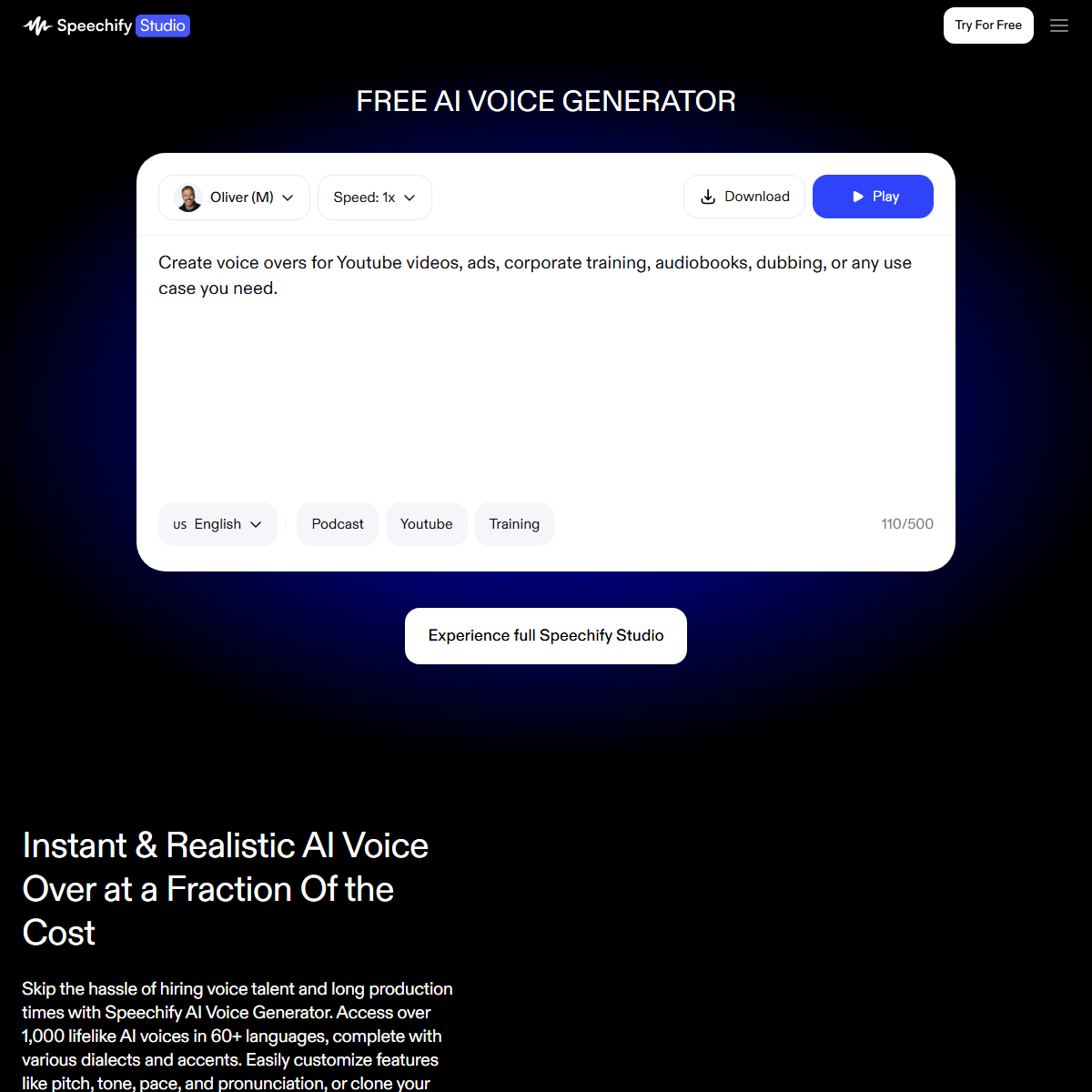 Speechify Studio - AI Voice Generator - text to speech Tool Screenshot