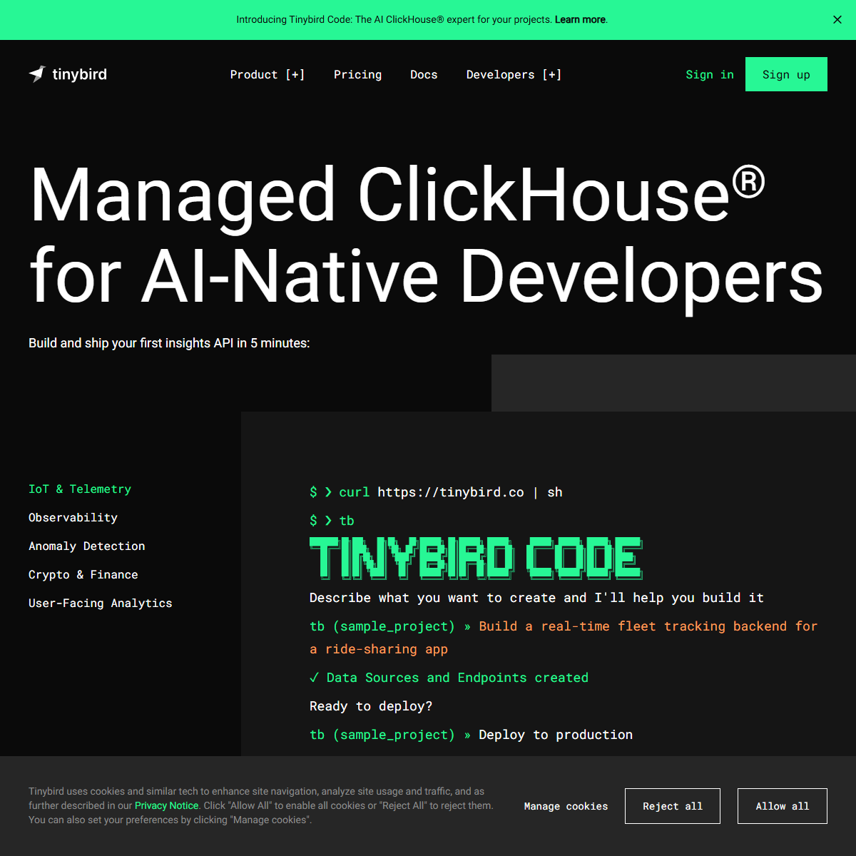 Tinybird - code assistant Tool Screenshot